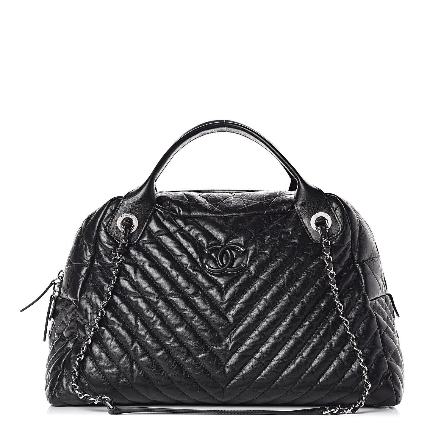 Aged Calfskin Chevron Large Soft Bowling Bag Black