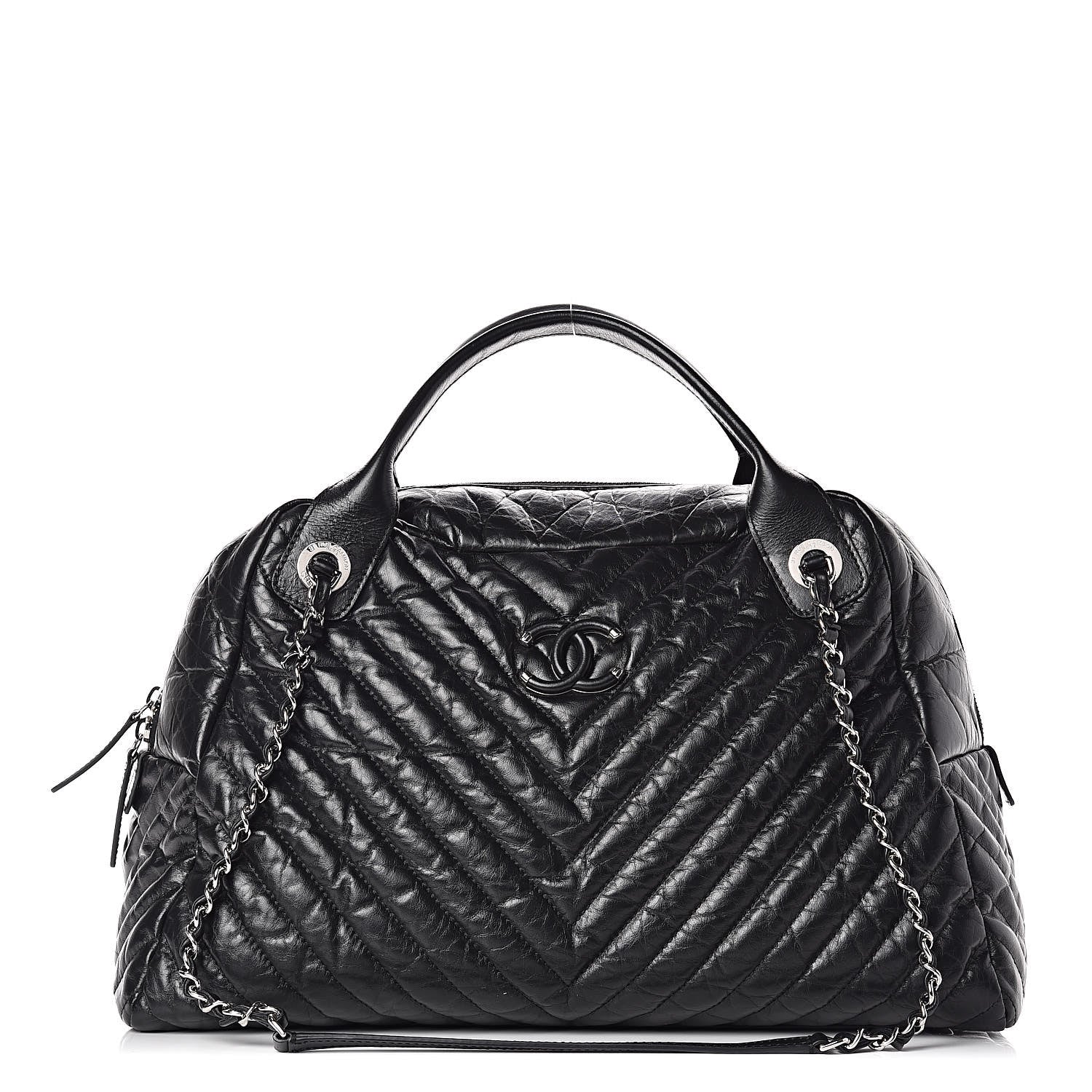 Chanel Aged Calfskin Chevron Large Soft Bowling Bag Black 1 of 10