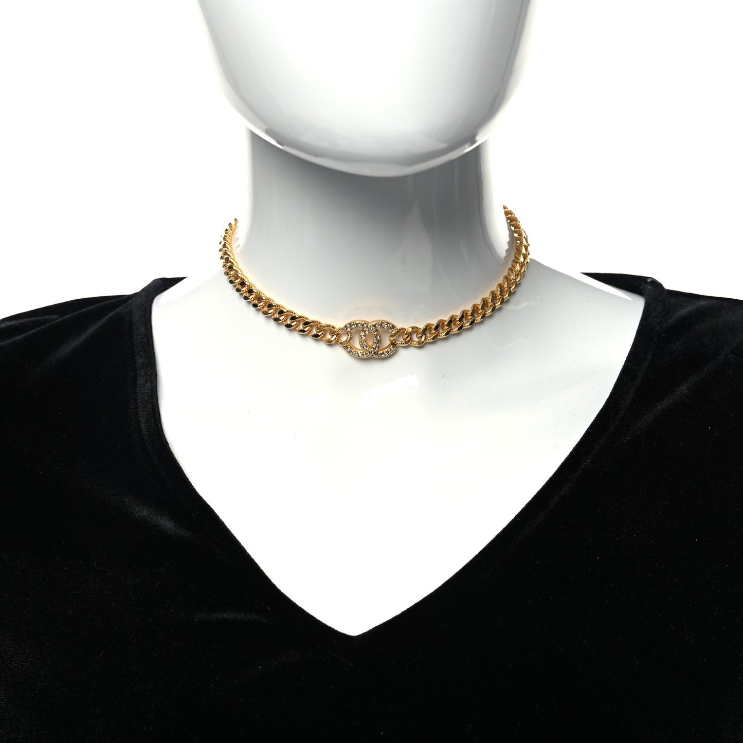 Crystal Chain Link CC Choker Necklace Gold