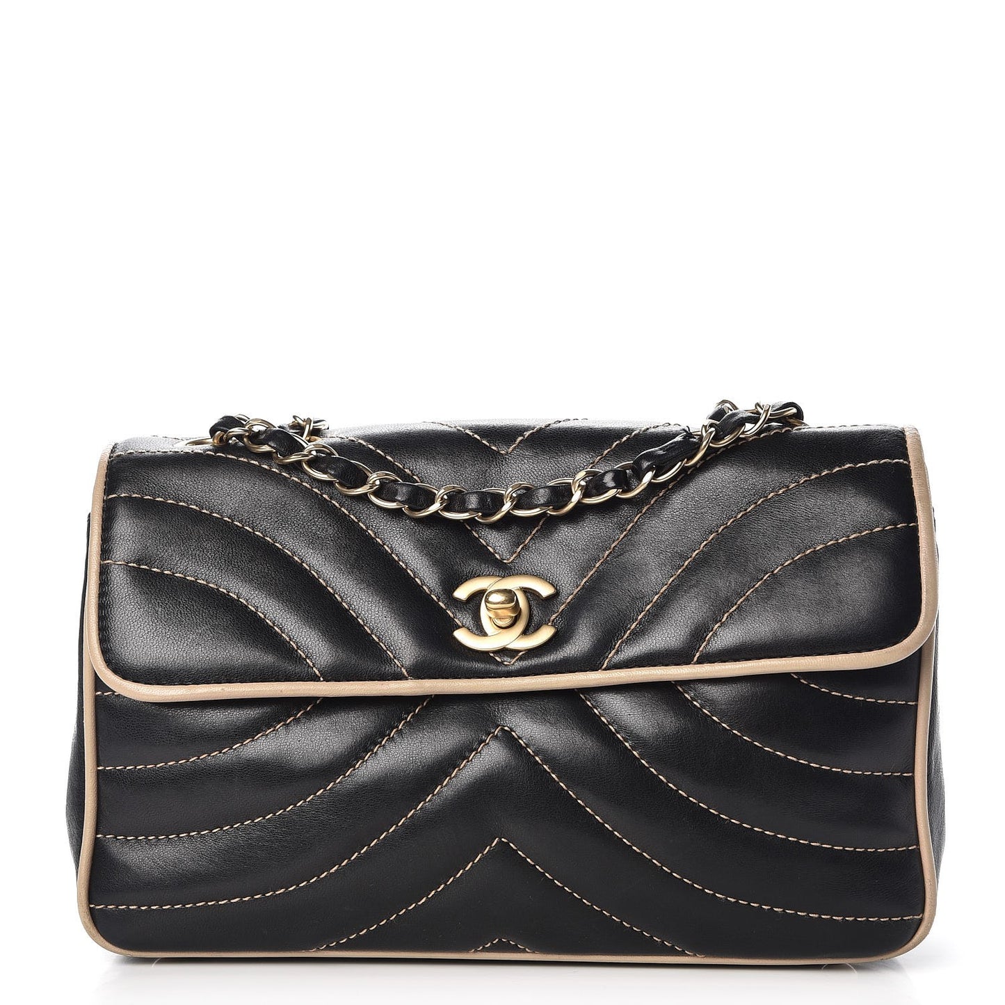 Lambskin Chevron Small Single Flap Bag Black Beige