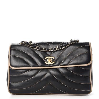 Chanel Lambskin Chevron Small Single Flap Bag Black Beige 1 of 11