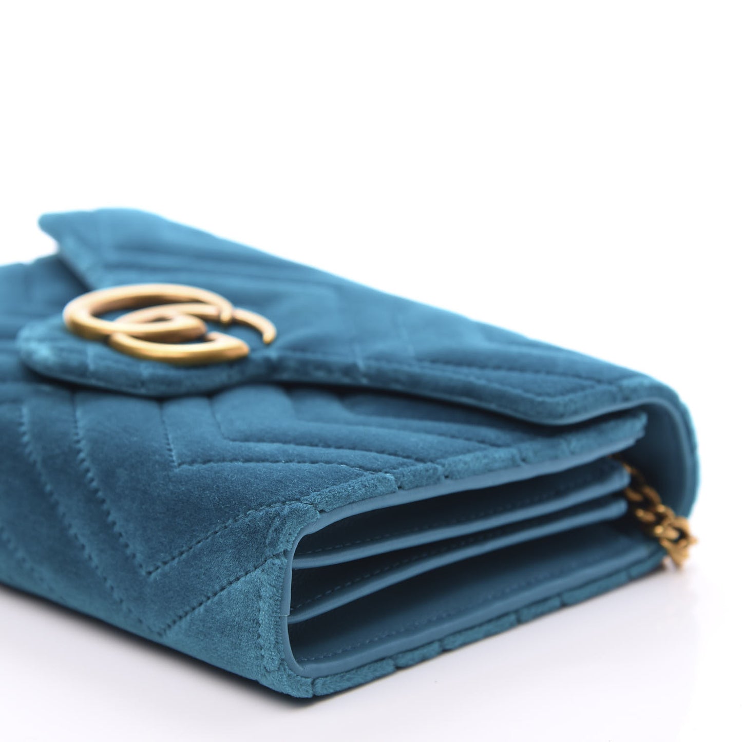 Velvet Matelasse GG Marmont Chain Wallet Pavone Cyan