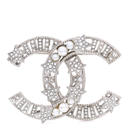 Chanel Crystal Pearl CC Star Coco Flapper Brooch Silver 1 of 5