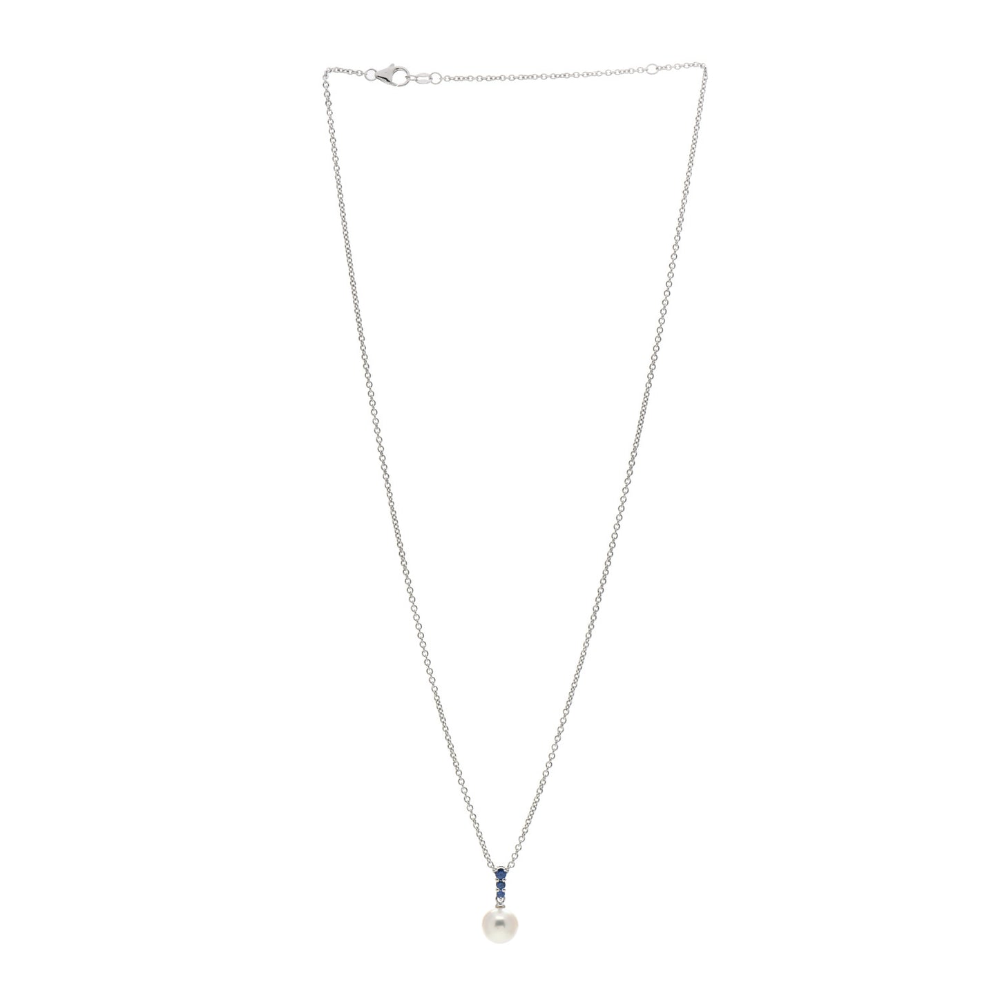 18K White Gold Blue Sapphire Akoya Pearl 8-8.5mm Morning Dew Pendant Necklace