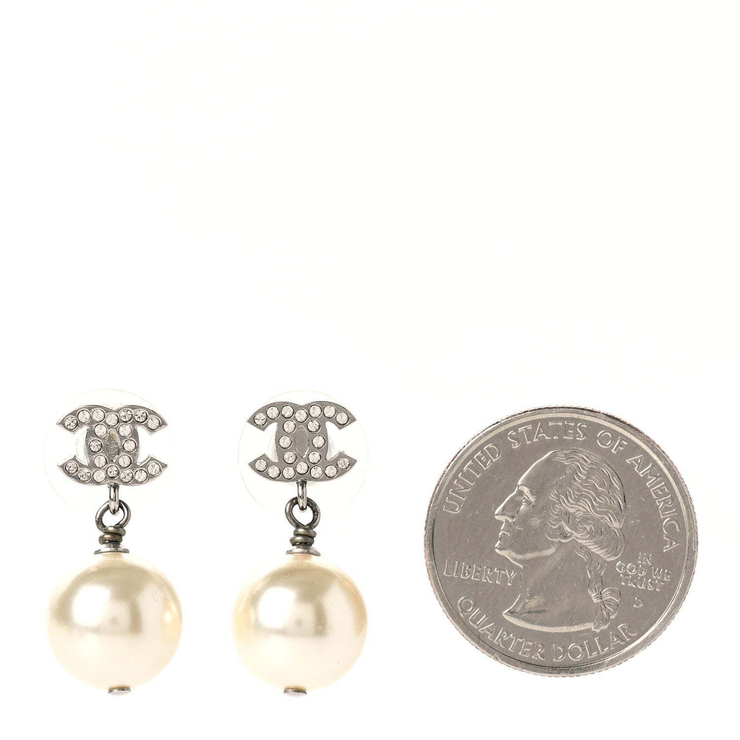 Chanel Crystal Pearl CC Drop Earrings Silver Pearly White 2 of 5