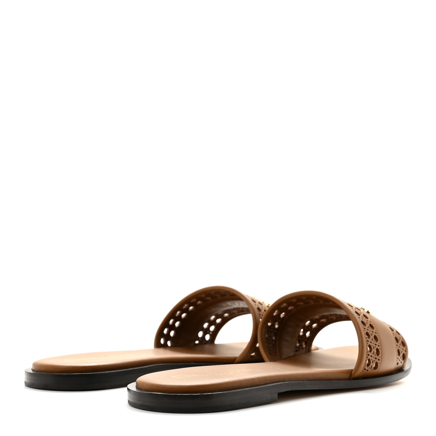 Calfskin Lambskin Micro Cannage D-Lane Flat Slide Sandals 39.5 Camel