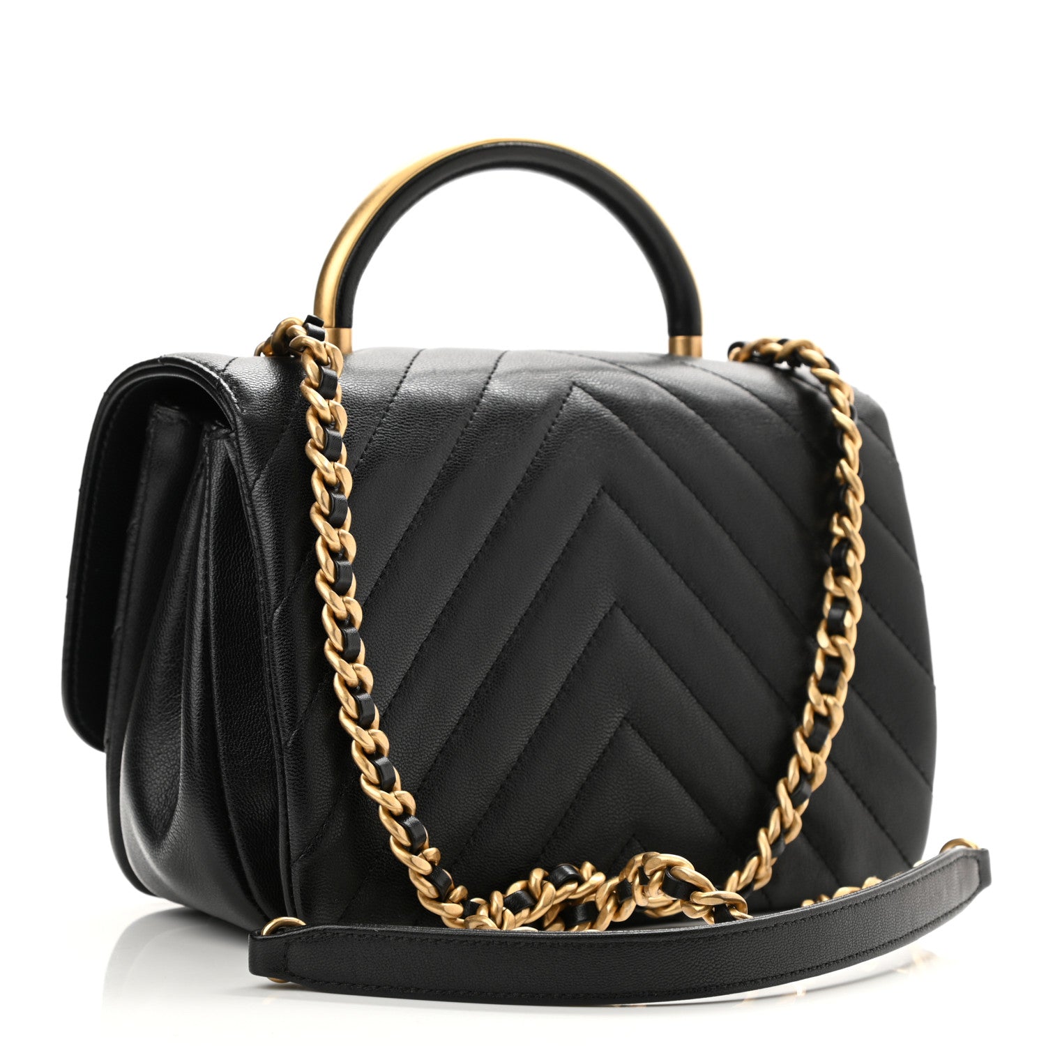 Chanel Lambskin Chevron Quilted Gold Top Handle Flap Bag Black 3 of 10
