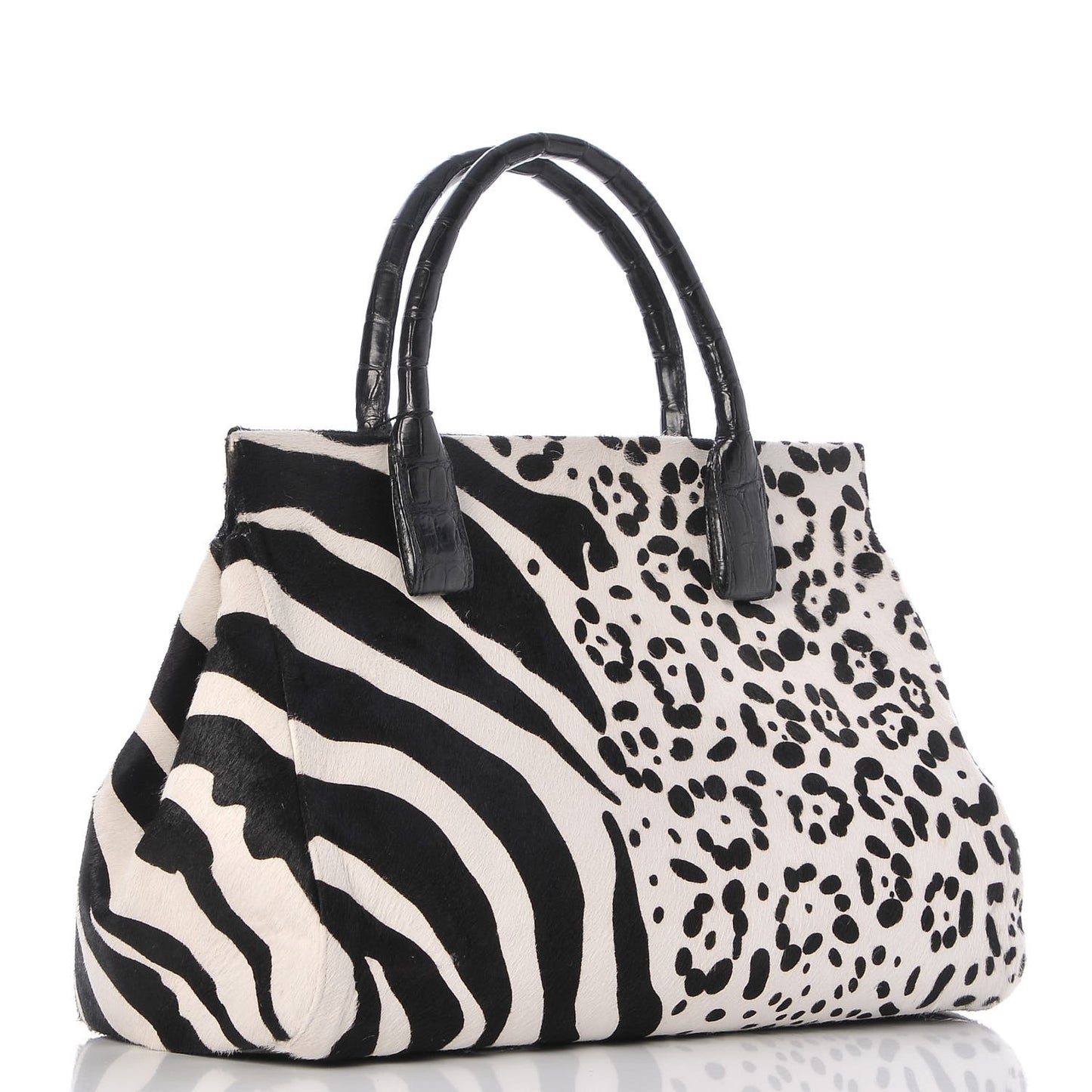 Calf Hair Crocodile Loop Satchel Black White