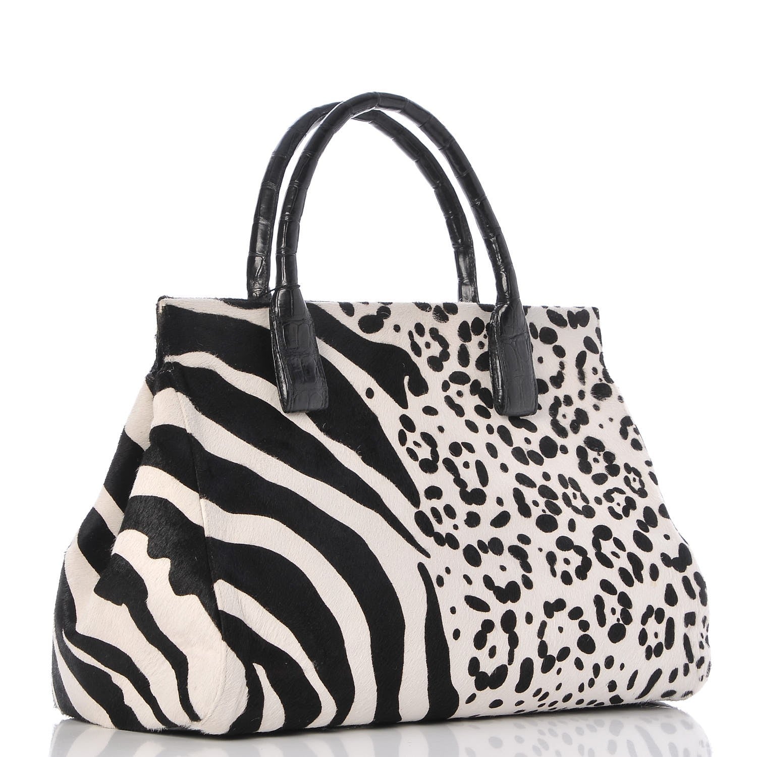 Nancy Gonzalez Calf Hair Crocodile Loop Satchel Black White 3 of 9