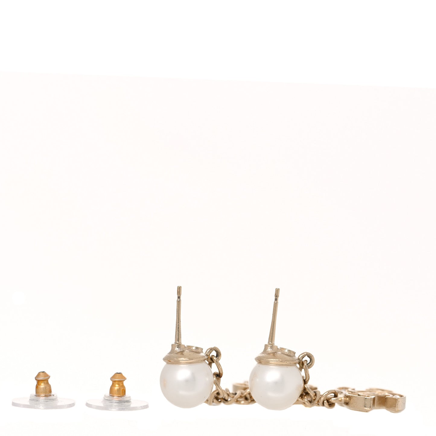 Pearl Crystal CC Long Drop Earrings Gold