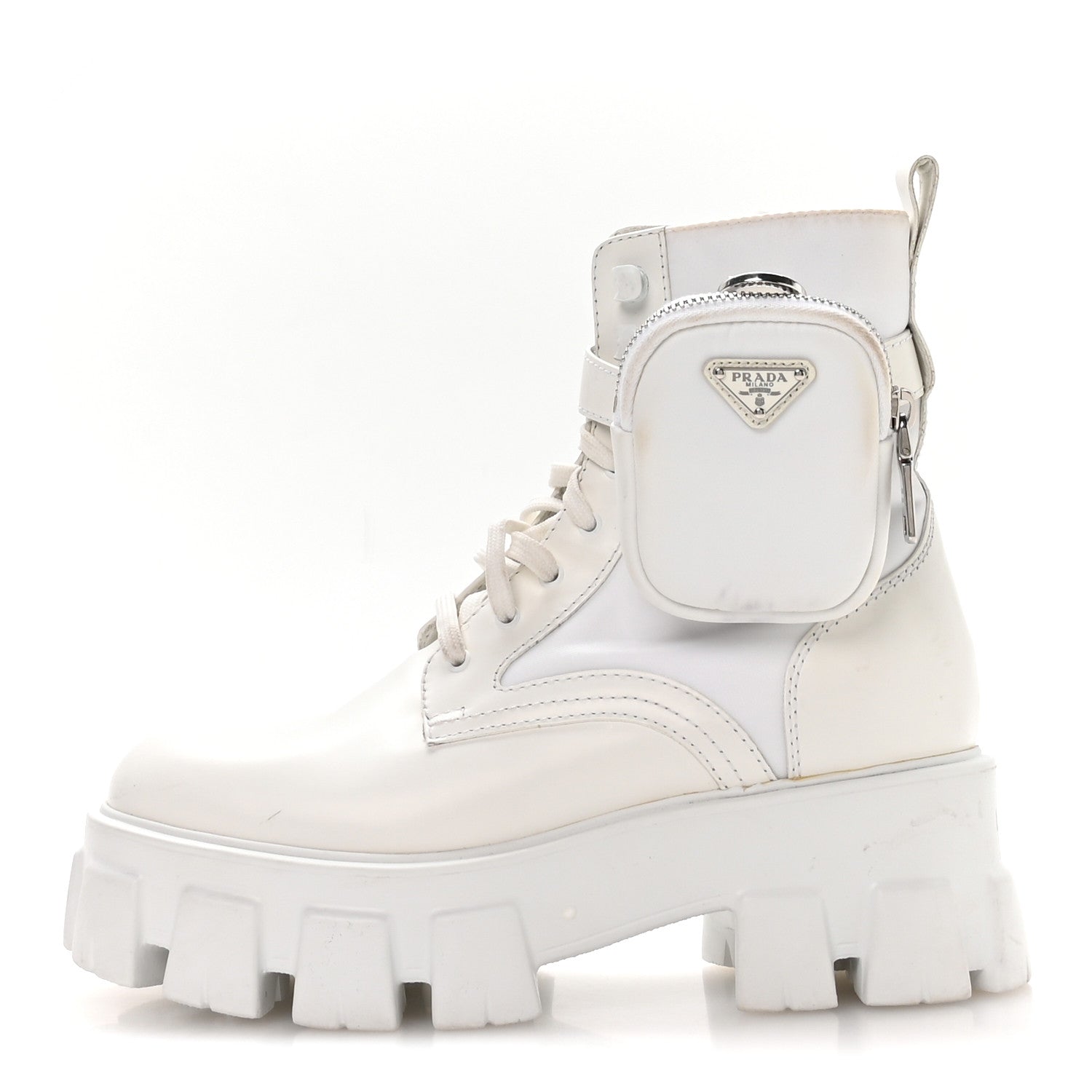 Prada Spazzolato Rois Re-Nylon Metal Triangle Logo Monolith Pouch Pocket 55mm Boots 38 White 1 of 7