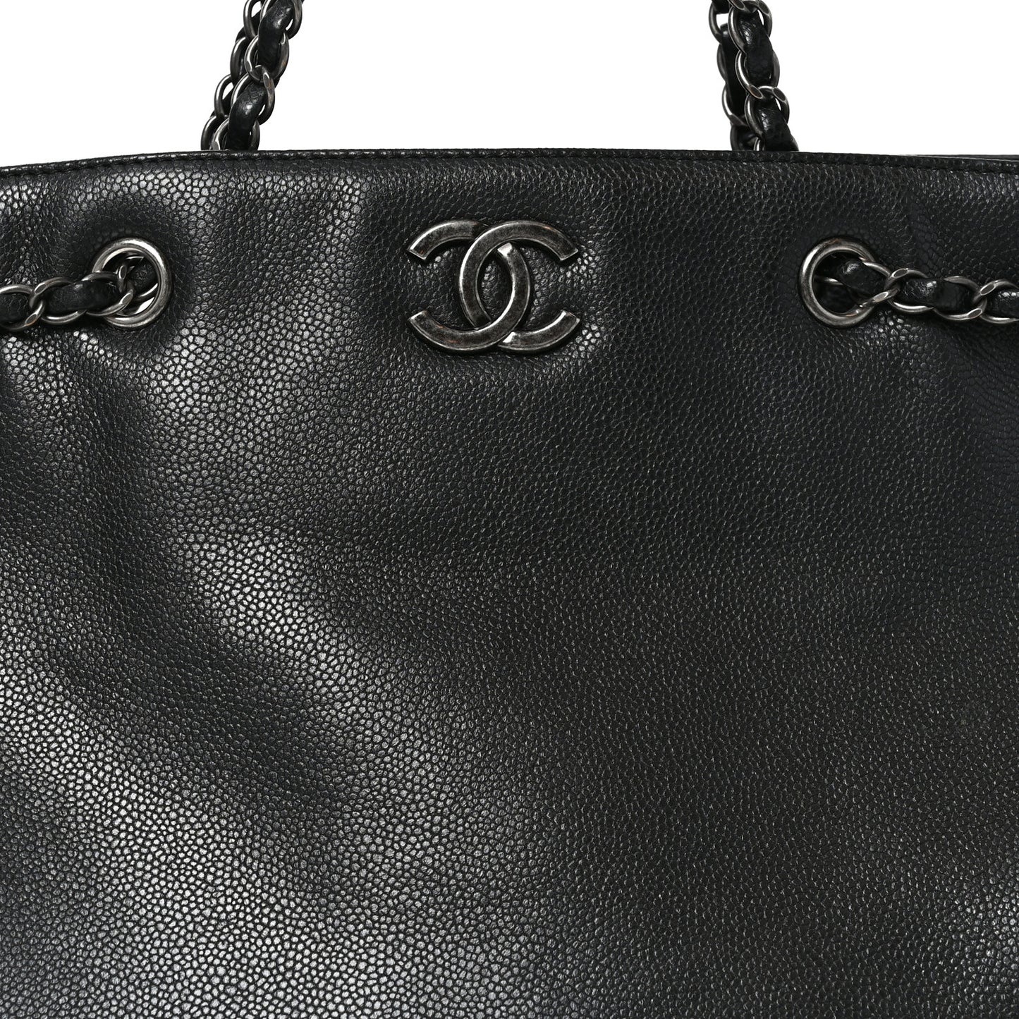 Metallic Grained Calfskin Woven Chain Large Shopping Bag Black