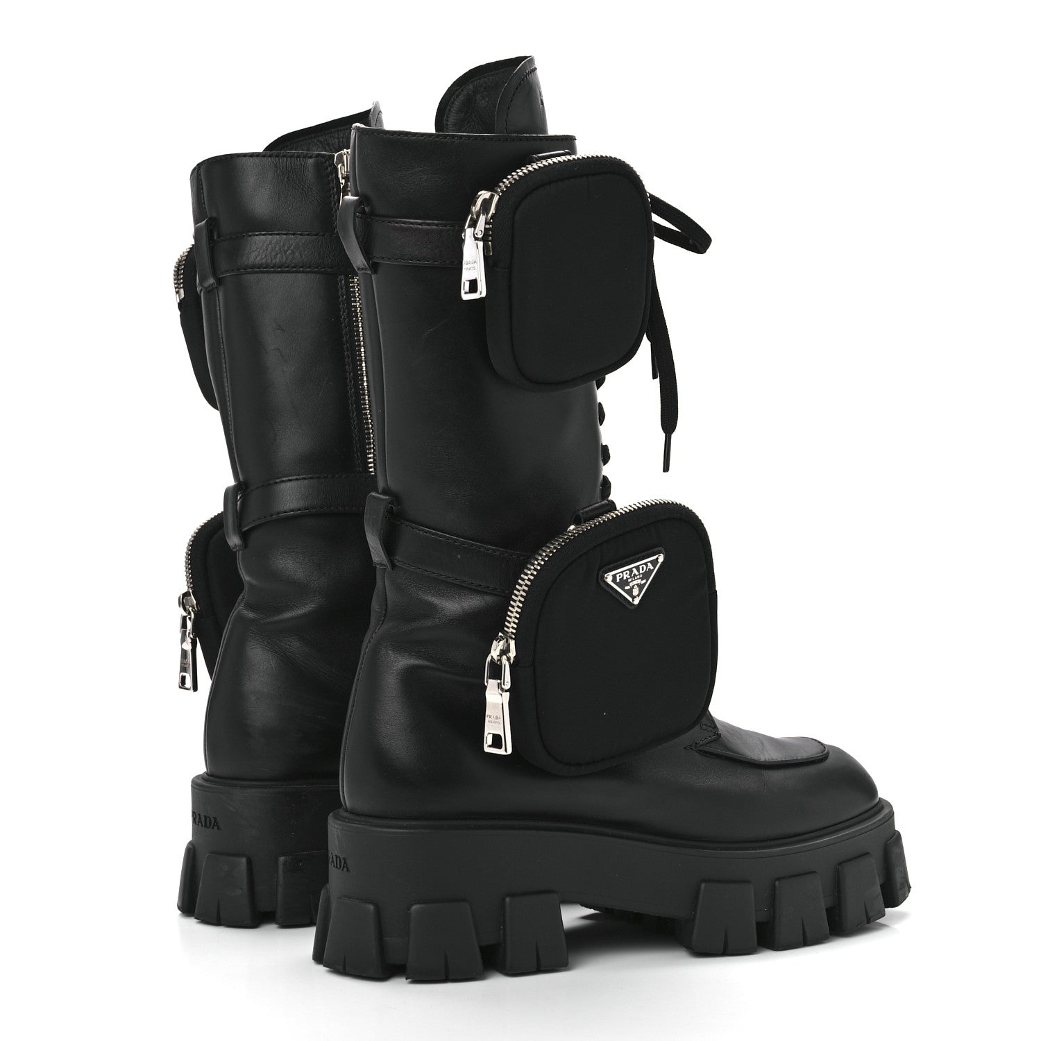 Prada Vitello Lux Nylon Metal Triangle Logo Monolith Pouch Pocket 55mm Tall Combat Boots 39 Black 4 of 7