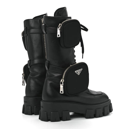 Prada Vitello Lux Nylon Metal Triangle Logo Monolith Pouch Pocket 55mm Tall Combat Boots 39 Black 4 of 7