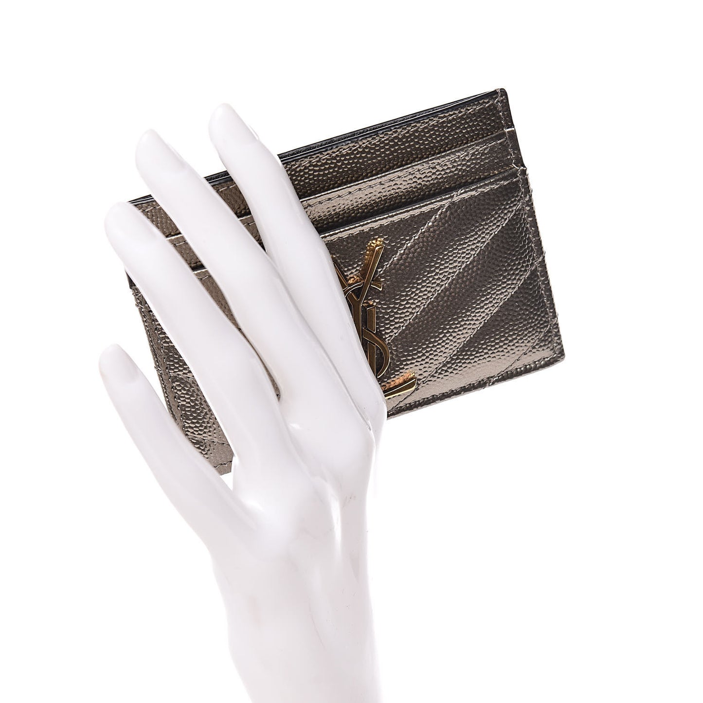 Metallic Grain De Poudre Matelasse Chevron Monogram Credit Card Case Pewter