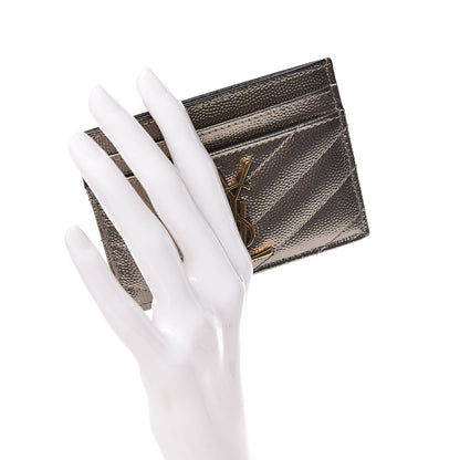 Saint Laurent Metallic Grain De Poudre Matelasse Chevron Monogram Credit Card Case Pewter 2 of 8
