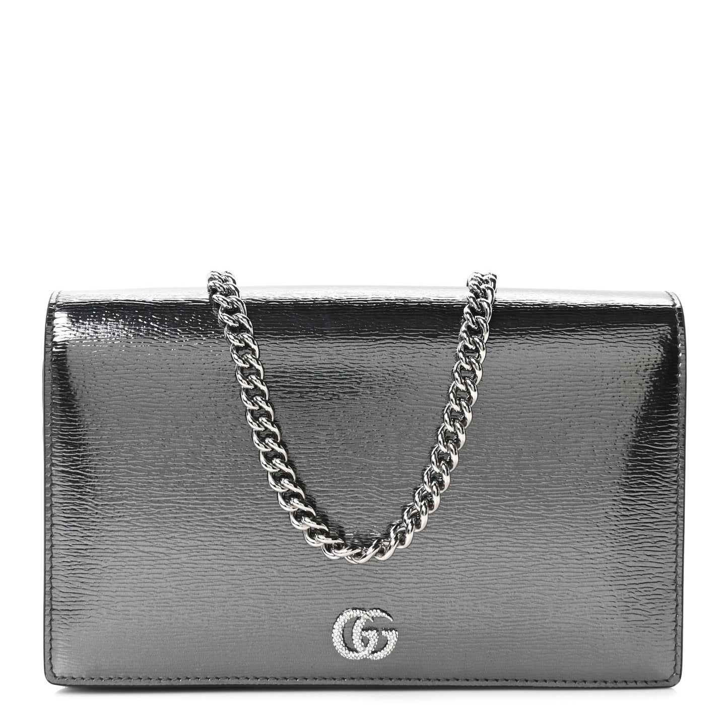 Textured Patent Bi-color GG Marmont Wallet on Chain  Silver Blue