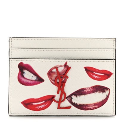 Saint Laurent Grain De Poudre Lips Print Monogram Card Holder White Red 1 of 8