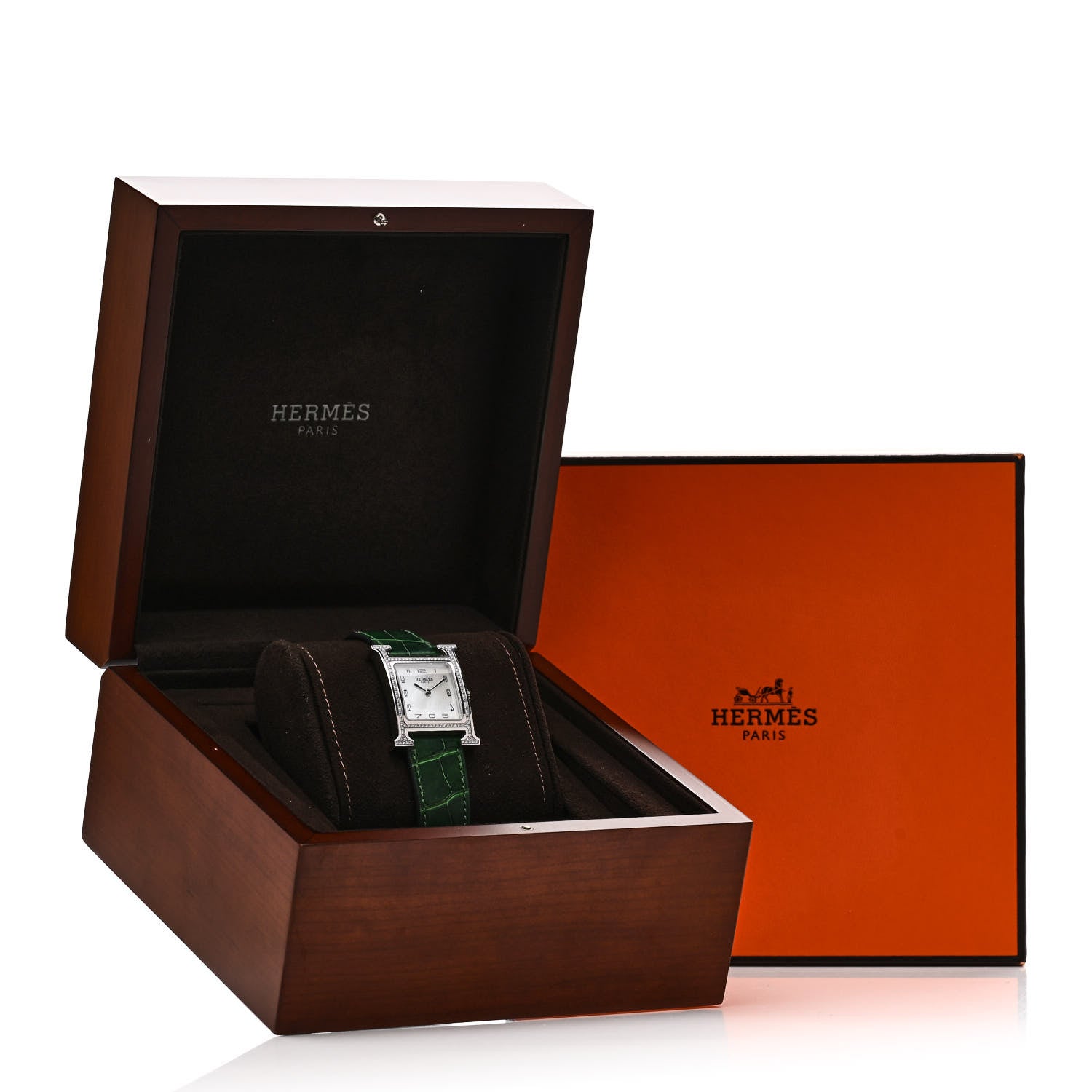 Hermes Stainless Steel Alligator Diamond Bezel Mother of Pearl