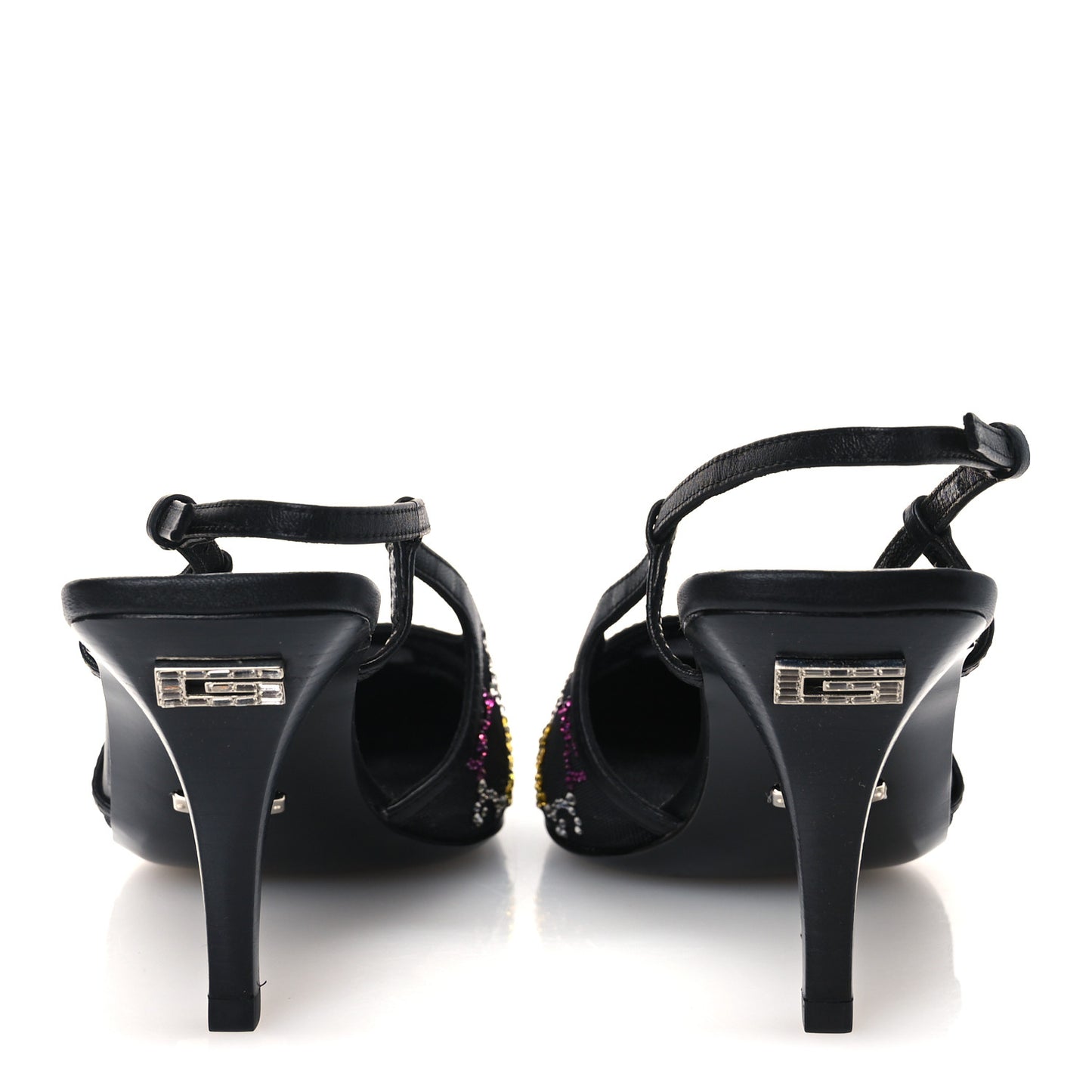 Tela Retino Nappa Charlotte Crystal GG Monogram Square G 75mm Slingback Pumps 37 Black