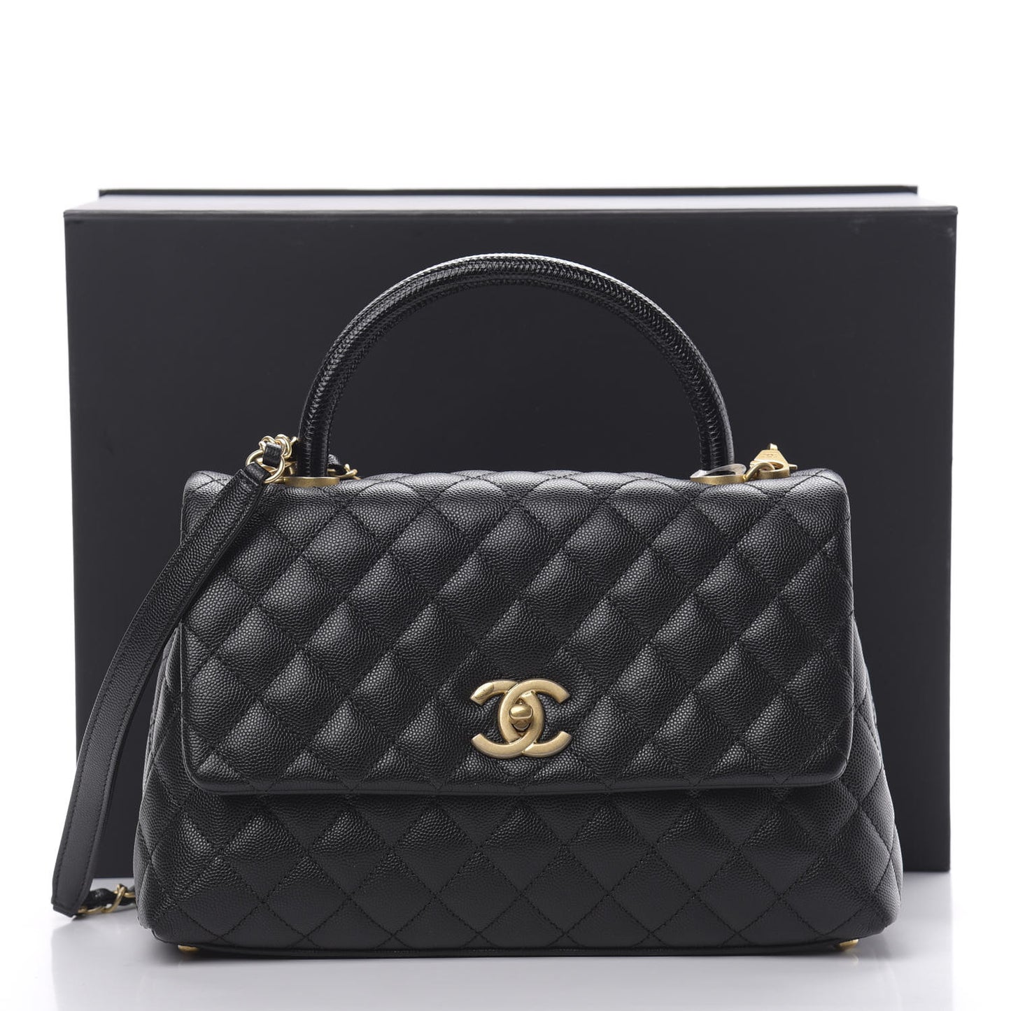 Caviar Lizard Embossed Quilted Small Coco Handle Flap Black