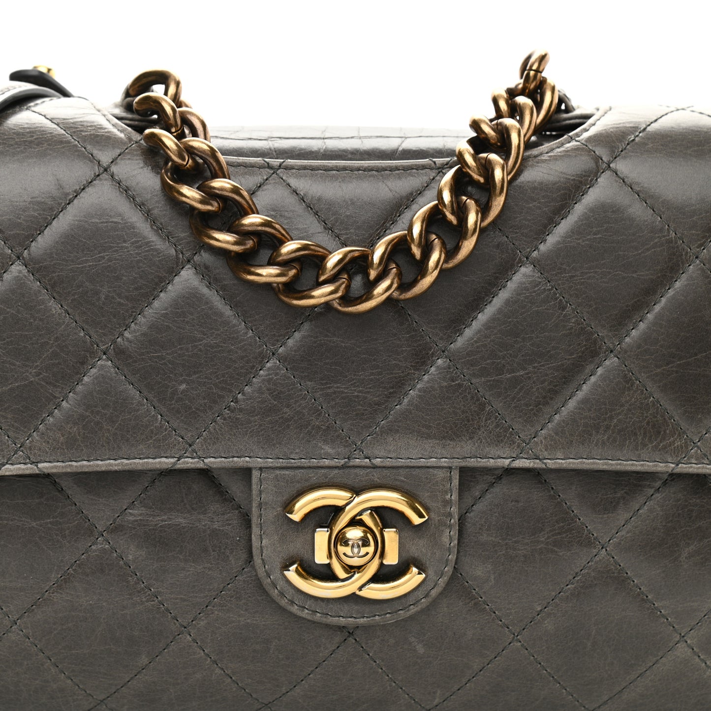 Glazed Calfskin Quilted Large Perfect Edge Flap Grey