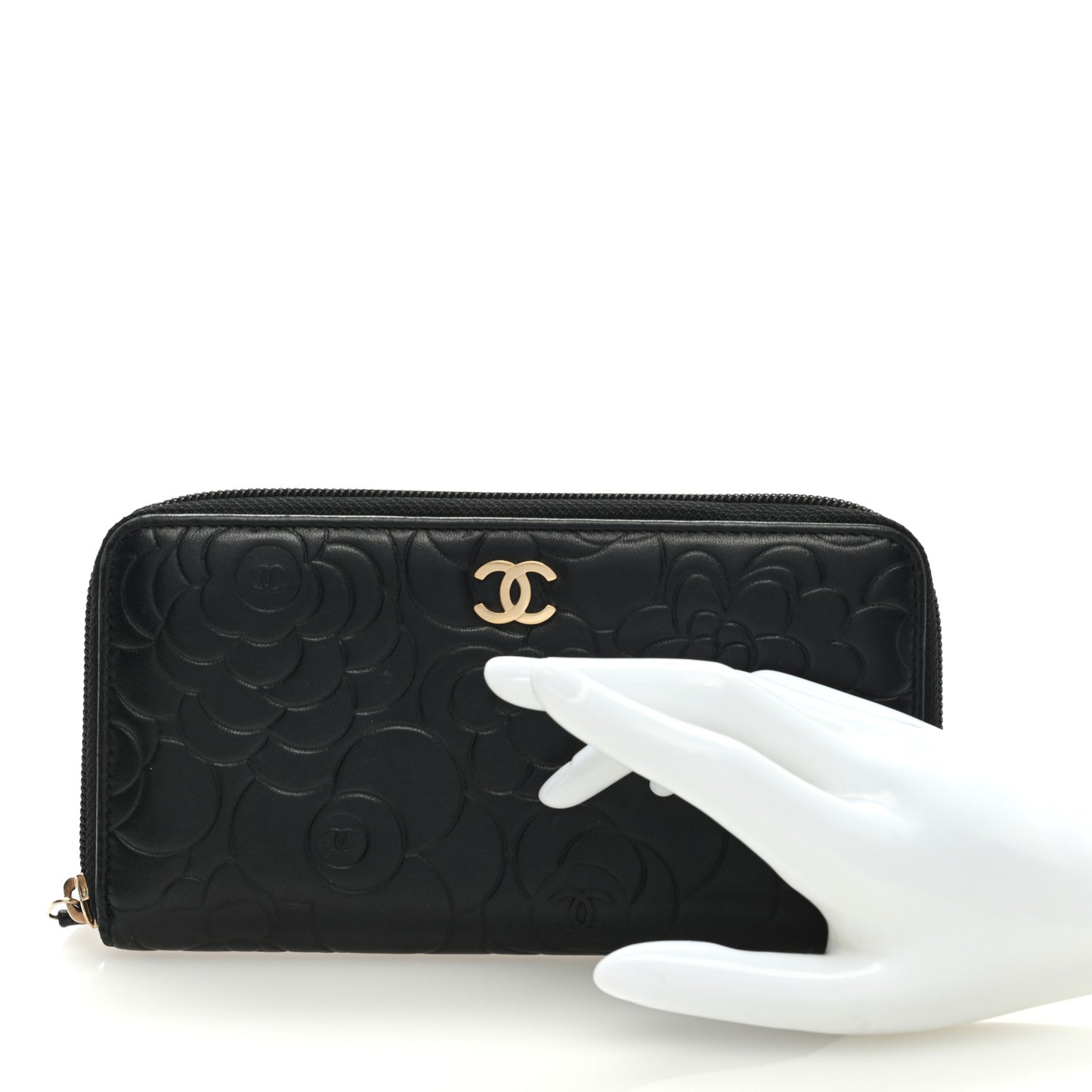 Lambskin Camellia Embossed Large Zip Around Gusset Wallet Black