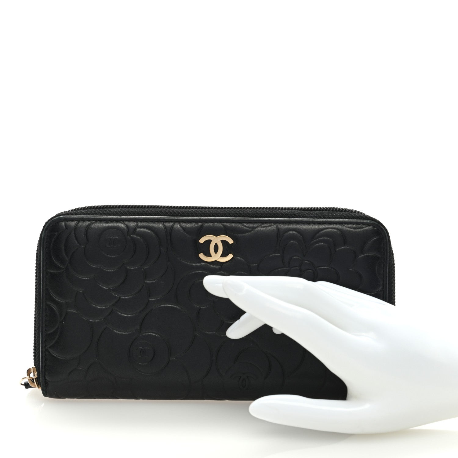 Chanel Lambskin Camellia Embossed Large Zip Around Gusset Wallet Black 7 of 7