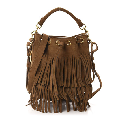 Saint Laurent Suede Calfskin Small Emmanuelle Fringe Bucket Bag Light Ocre 1 of 9