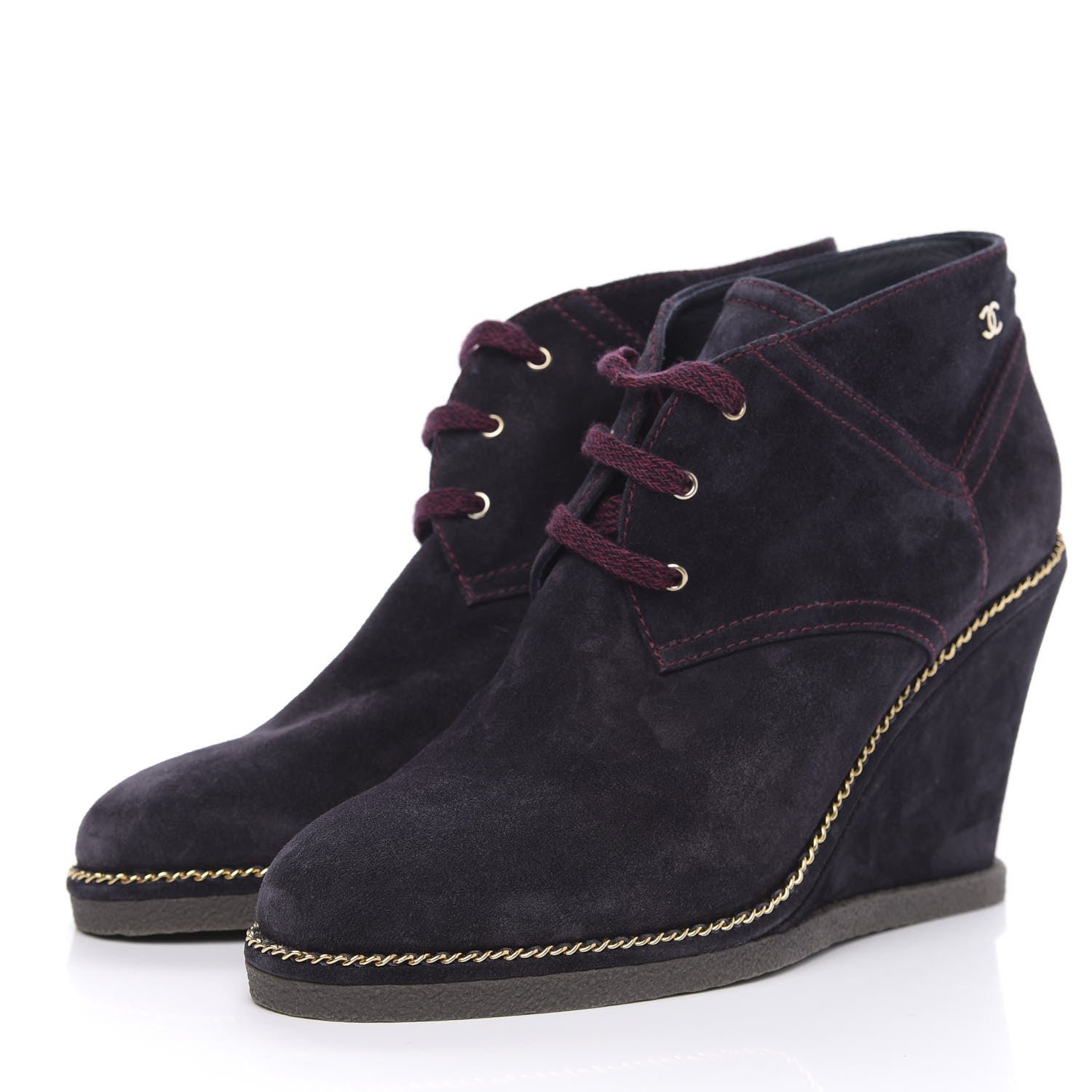 Chanel Suede Lace Up Wedge Booties 42 Dark Blue 3 of 10