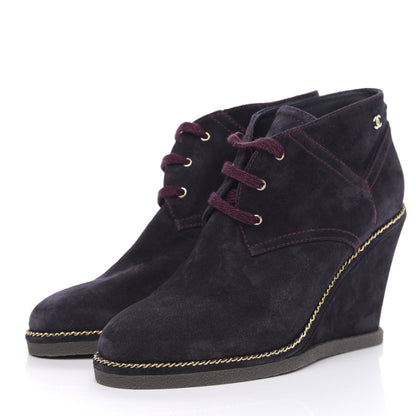 Chanel Suede Lace Up Wedge Booties 42 Dark Blue 3 of 10