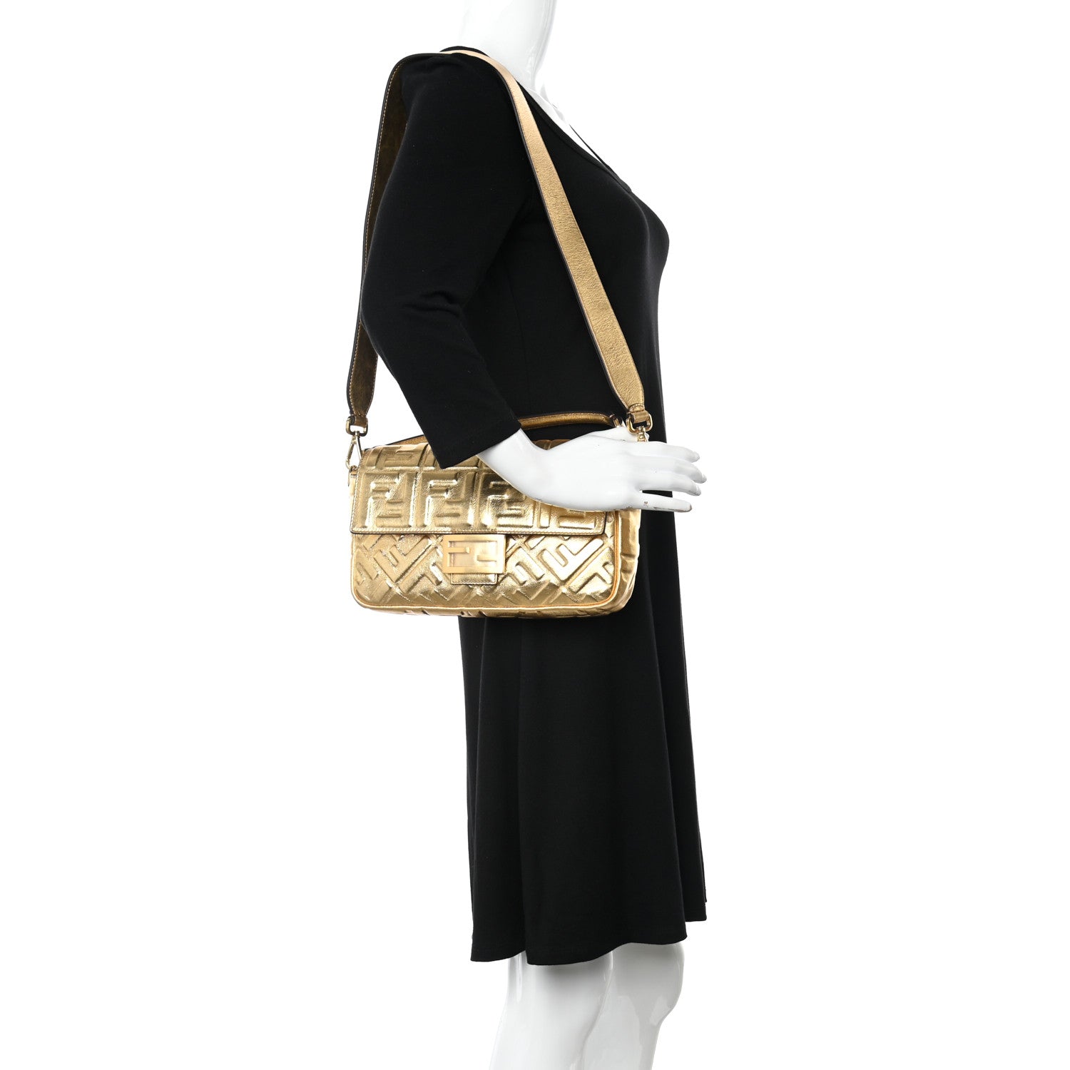 Fendi Vitello Catalan Mirror FF 1974 Embossed Baguette Gold 2 of 9