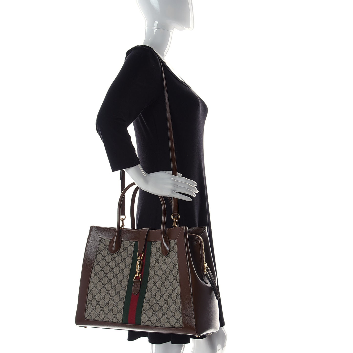 GG Supreme Monogram Azalea Calfskin Web Large Jackie 1961 Tote Beige Ebony Brown Sugar