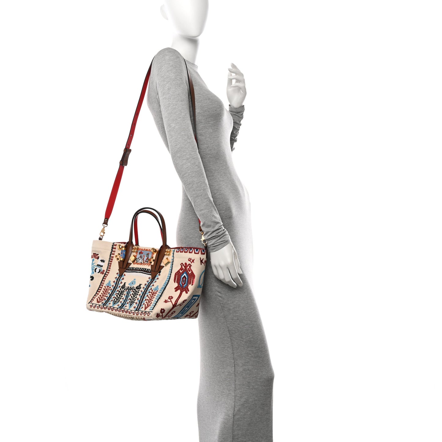 Frise Broderie Calfskin Greekaba Tote Biscotto Multicolor