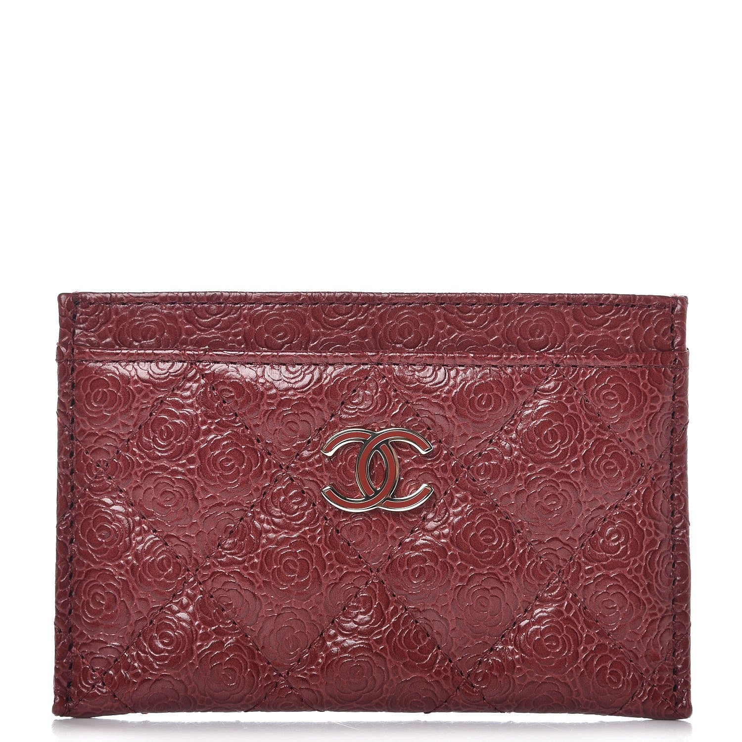 Chanel Camellia Calfskin Embossed Quilted Card Holder Burgundy 1 of 9