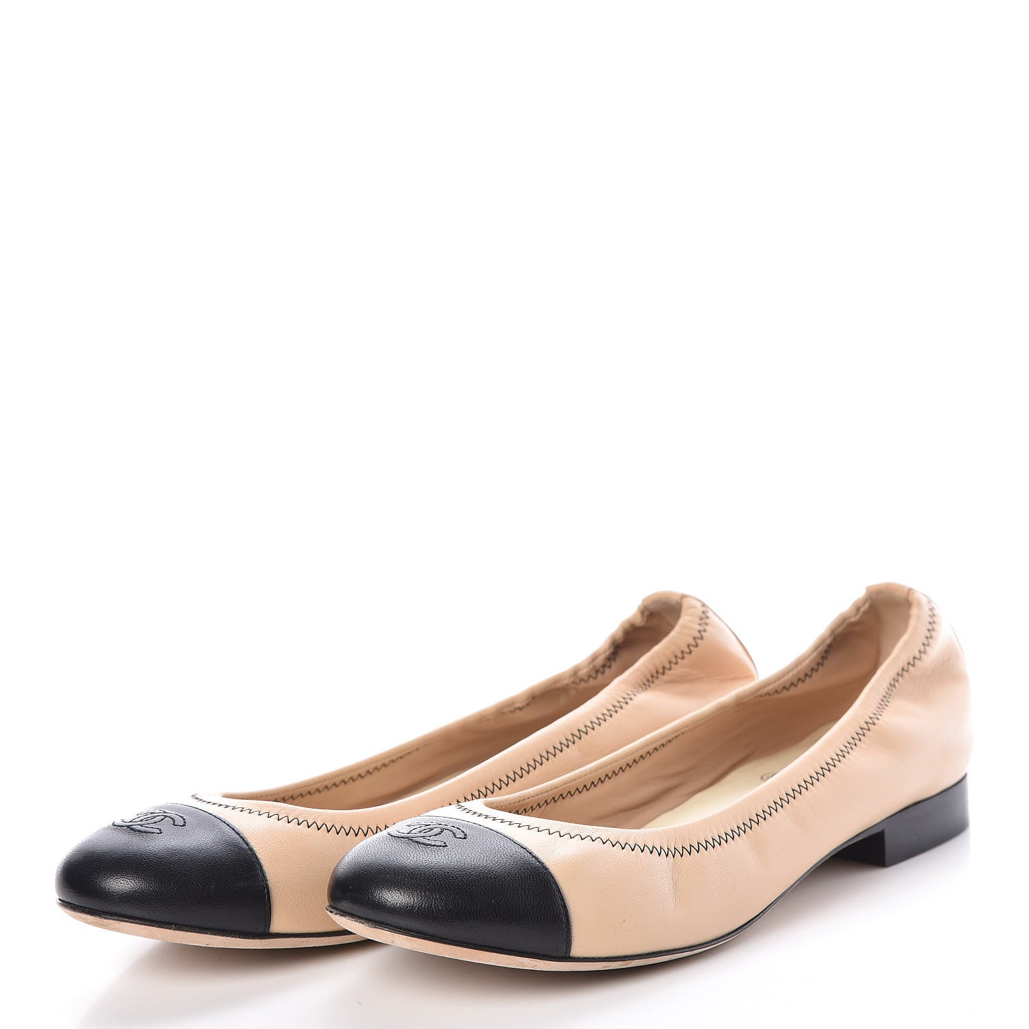 Chanel Lambskin CC Elastic Cap Toe Ballerina Flats 39 Beige Black 3 of 11