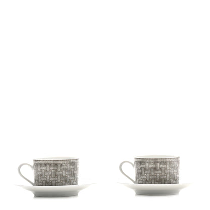 Hermes Porcelain Mosaique Au 24 Platine Tea Cup And Saucer Set Of 2 Platinum 1 of 7