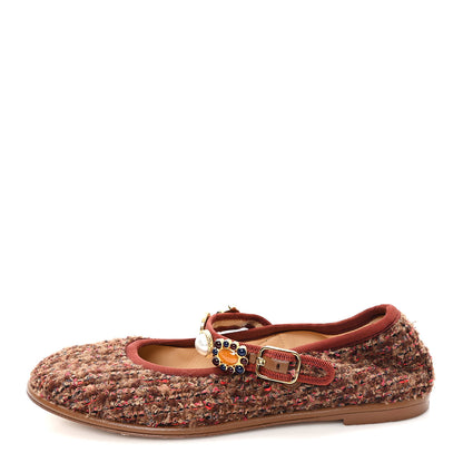 Chanel Wool Tweed Mary Jane Flats 37.5 Brown Red Dark Blue 1 of 9
