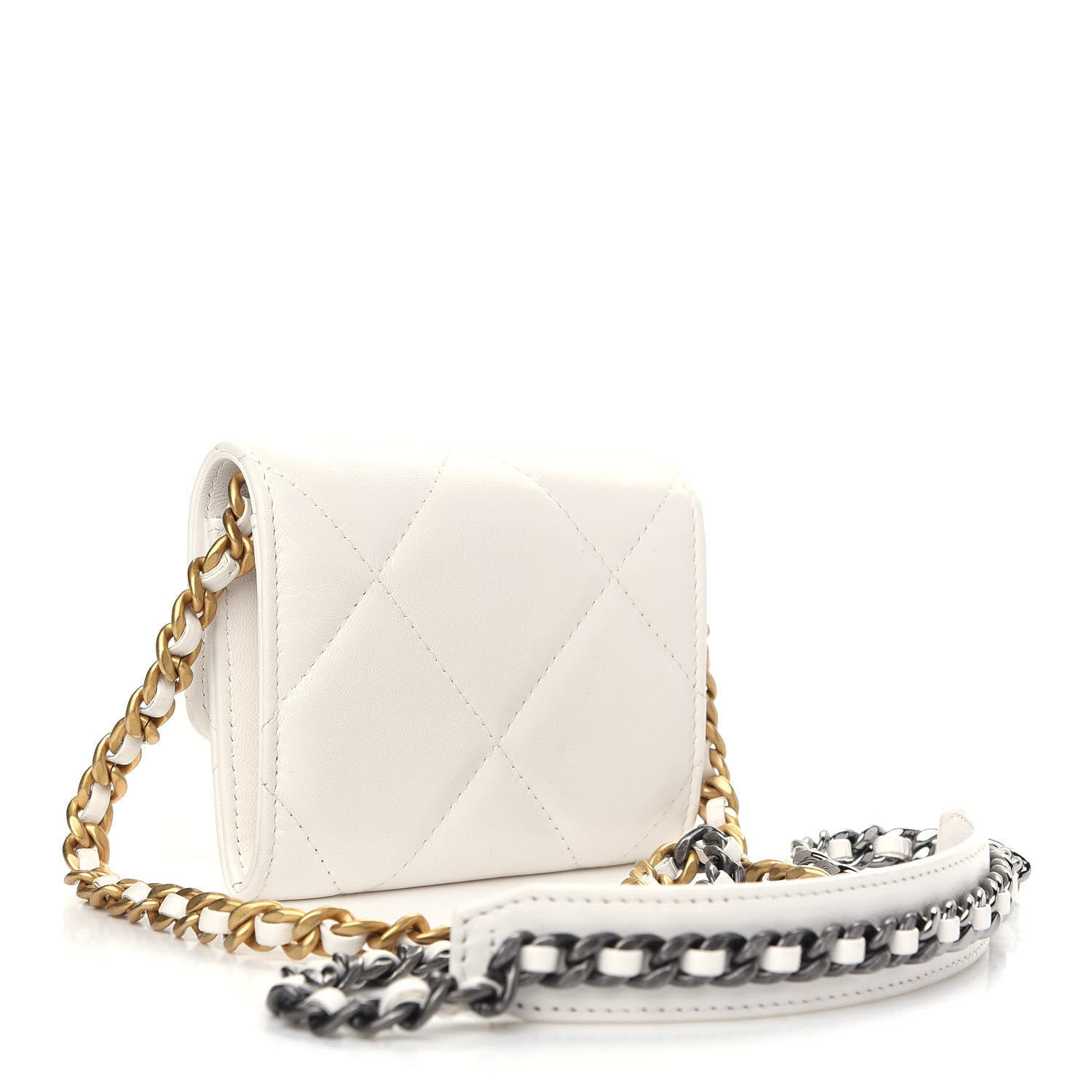 Chanel Shiny Goatskin Quilted Chanel 19 Flap Coin Purse With Chain White 3 of 9