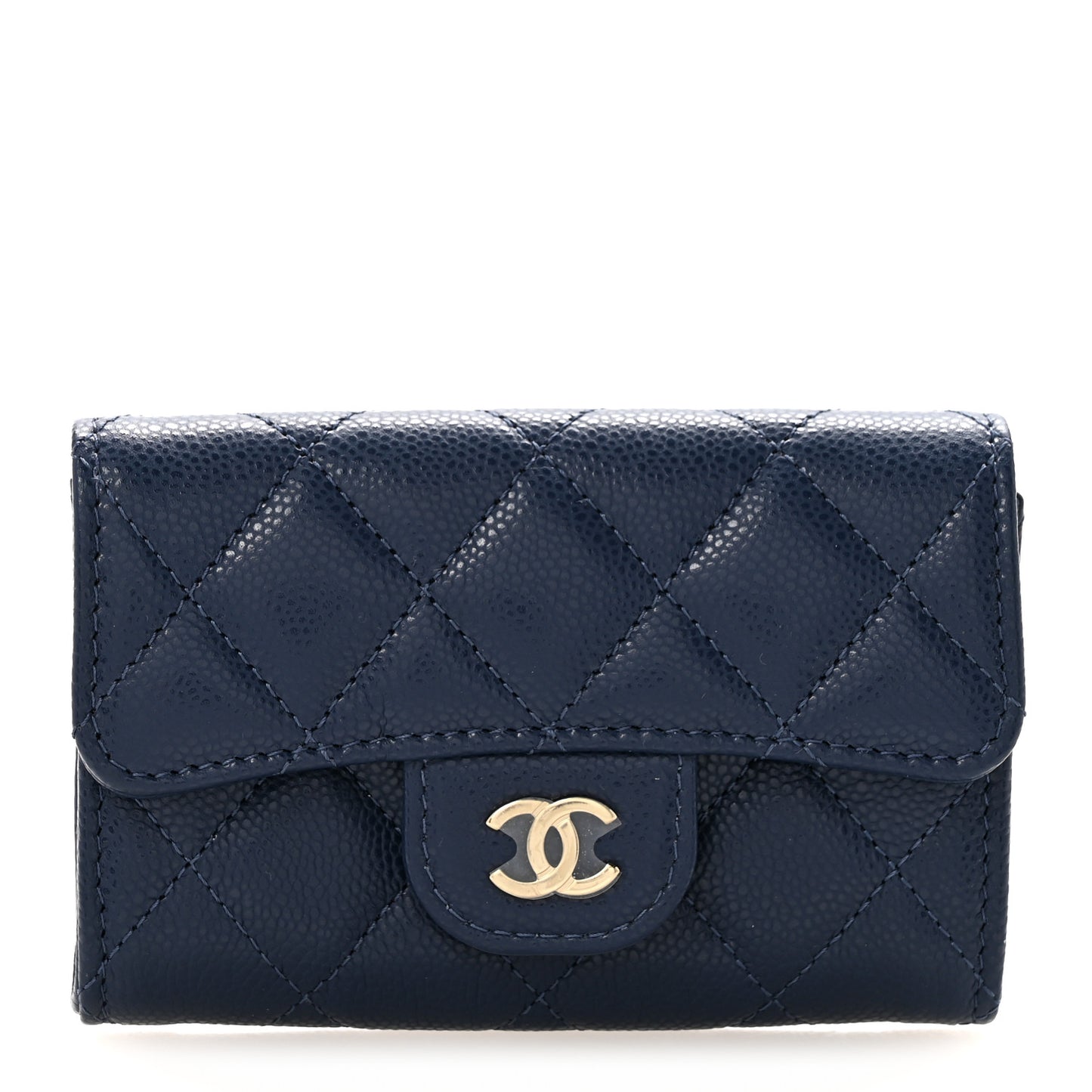 Caviar Quilted Flap Card Holder Wallet Navy Blue