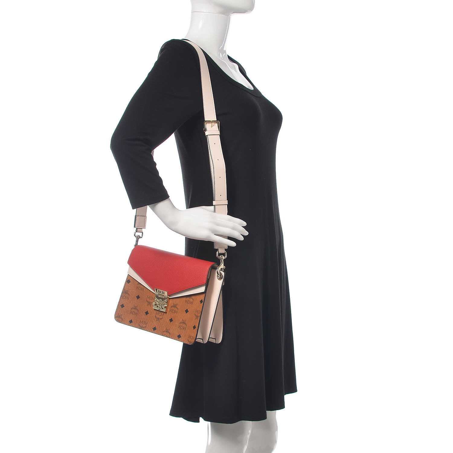 MCM Visetos Calfskin Colorblock Mezzanin Shoulder Bag Cognac Ruby Red 2 of 10