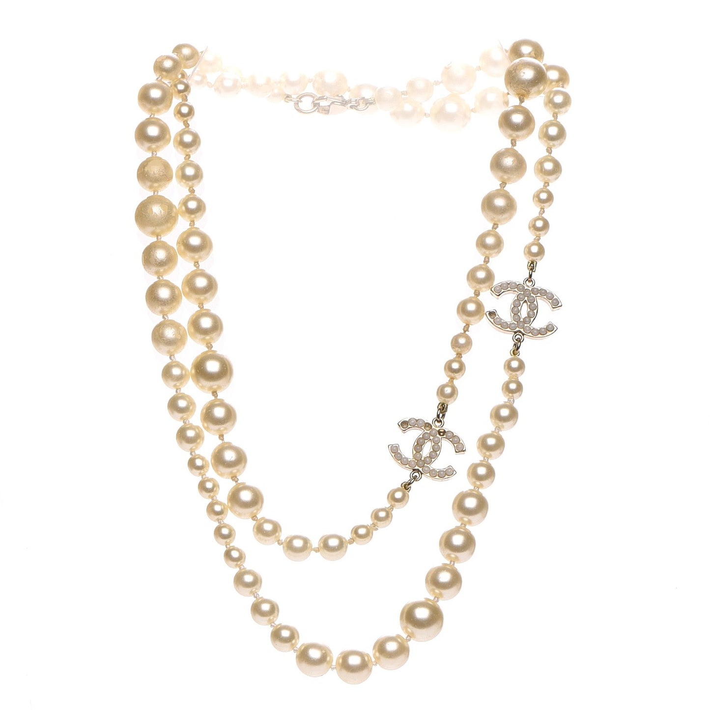 Graduated Pearl Crystal CC Long Necklace Light Gold