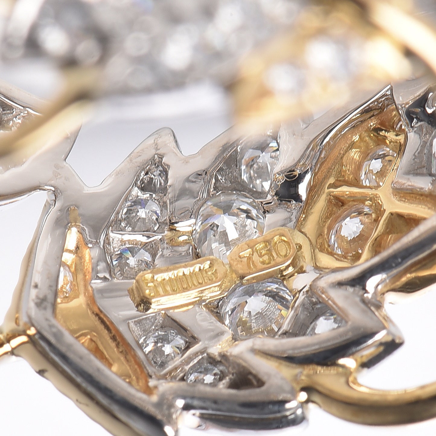 18K Yellow Gold Platinum Diamond Schlumberger Four Leaves Ring 54 7