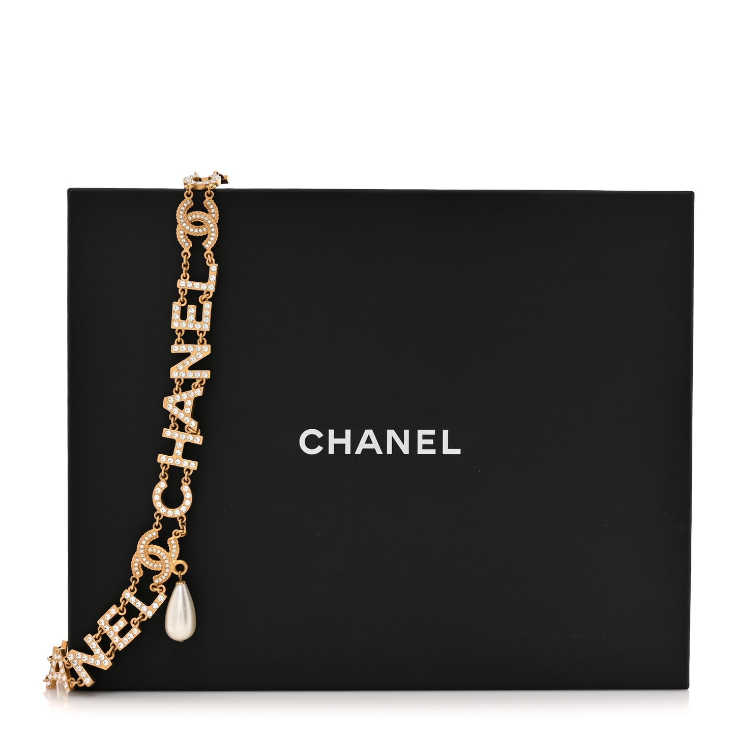 Metal Crystal Pearl Logo CC Necklace Gold