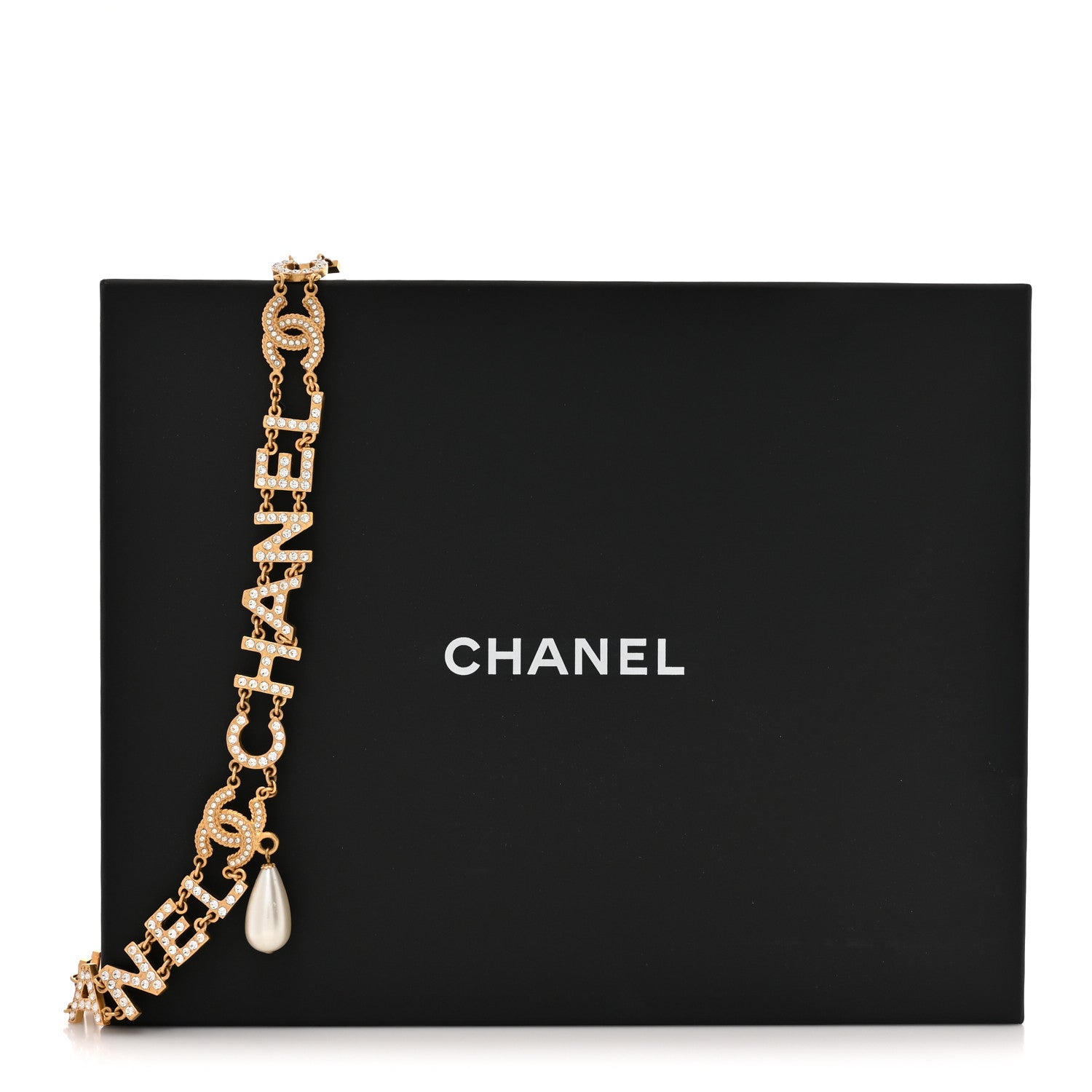 Chanel Metal Crystal Pearl Logo CC Necklace Gold 5 of 5