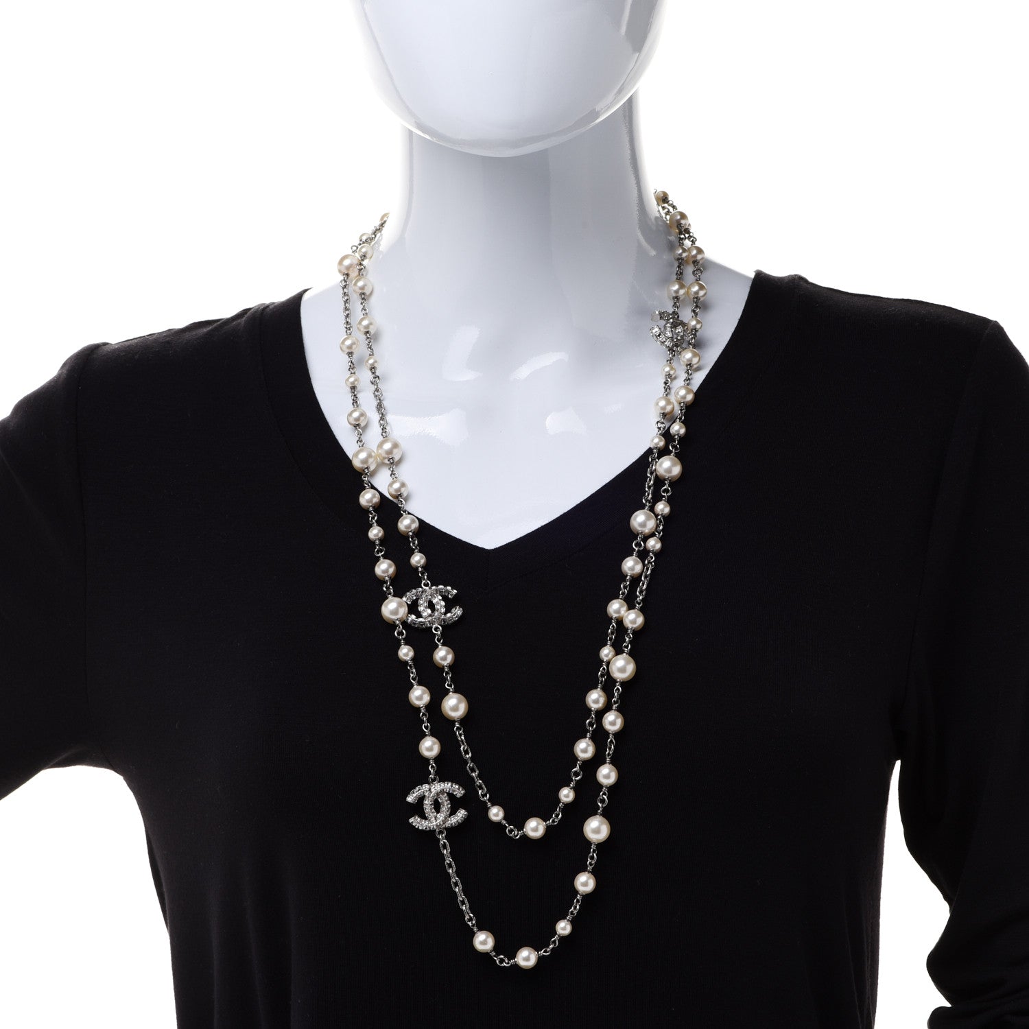 Chanel Pearl Baguette Crystal CC Long Necklace Silver 2 of 5