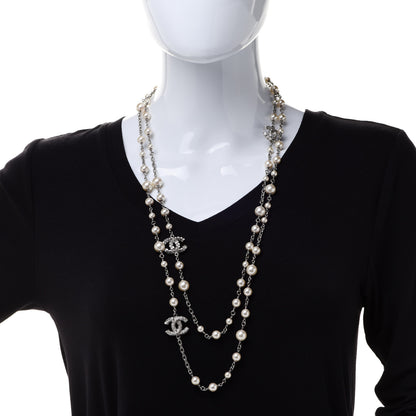 Chanel Pearl Baguette Crystal CC Long Necklace Silver 2 of 5