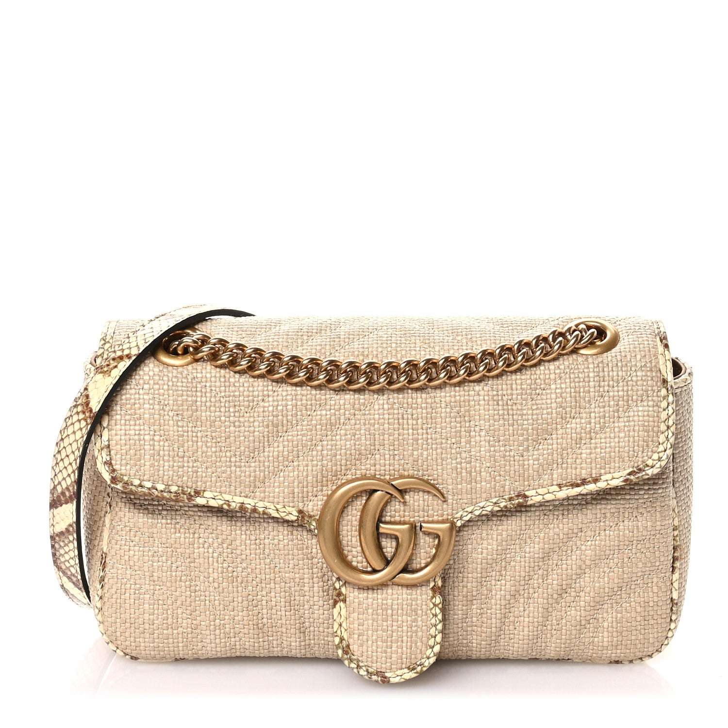 Gucci Raffia Elaphe Matelasse Small GG Marmont Shoulder Bag Natural Cream Brown 1 of 10