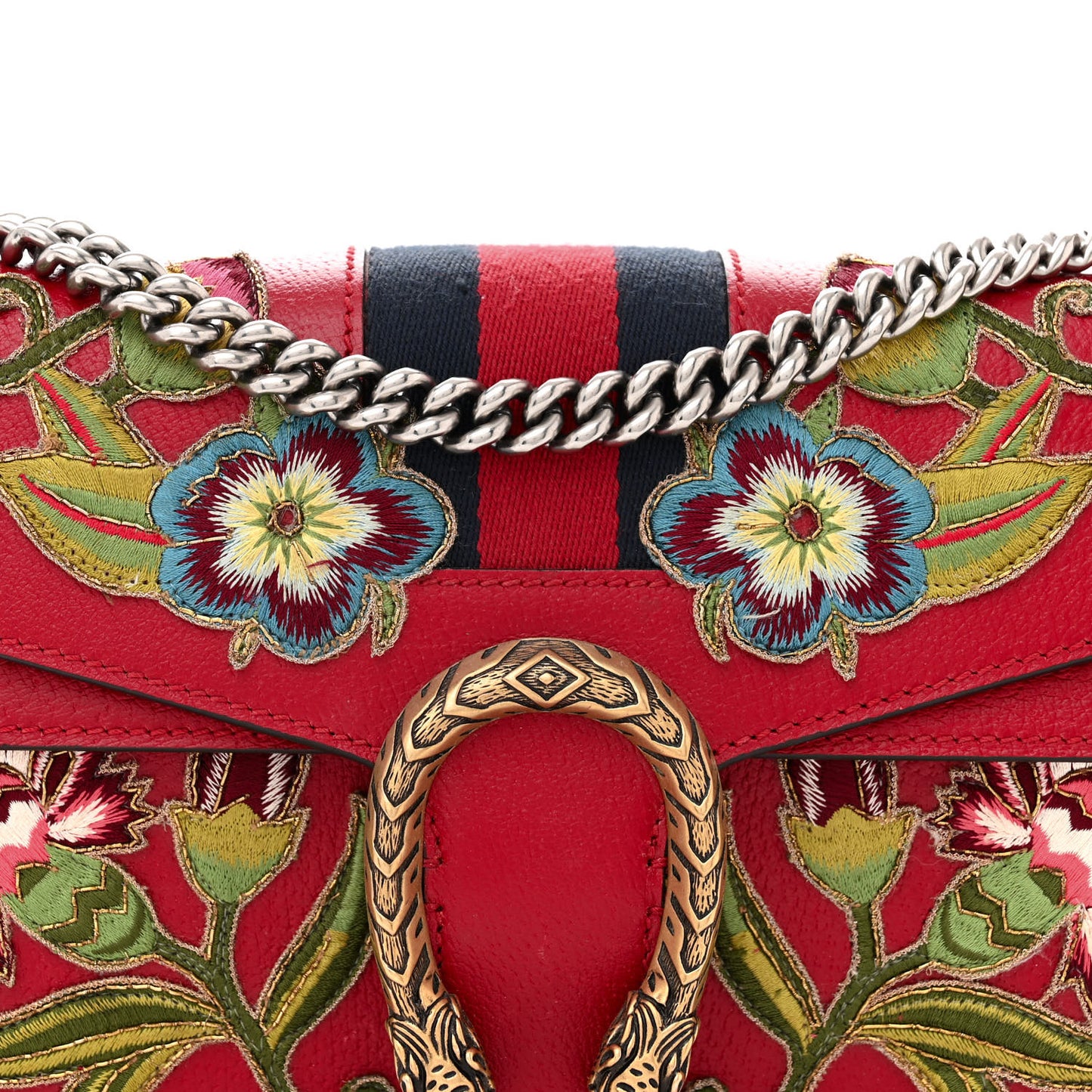 Calfskin Web Floral Embroidered Small Dionysus Shoulder Bag Hibiscus Red