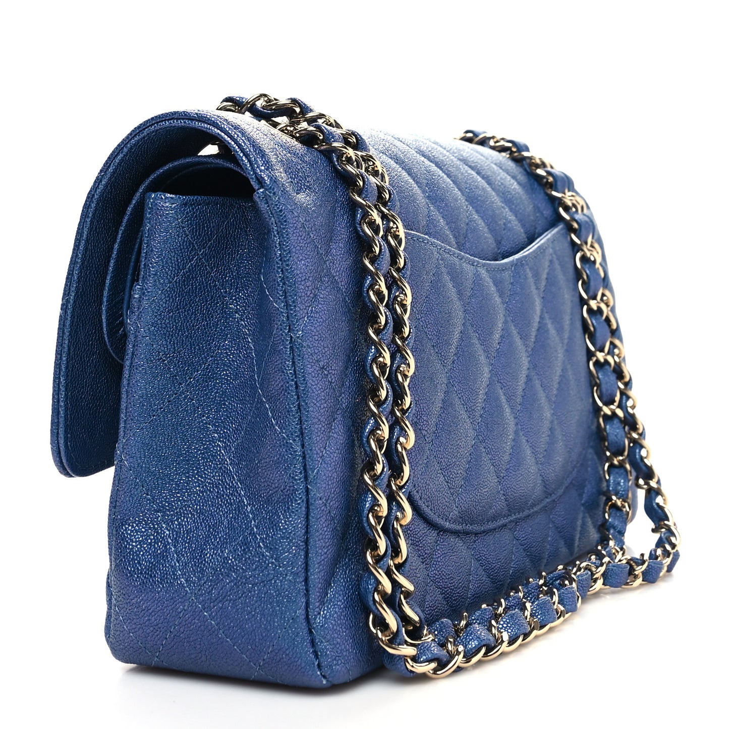 Iridescent Caviar Quilted Medium Double Flap Dark Blue